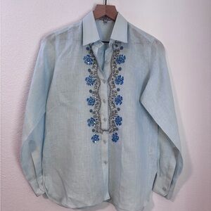 Bella Tu Gorsuch Blue Linen Embroidered & Beaded Blouse Size XS
